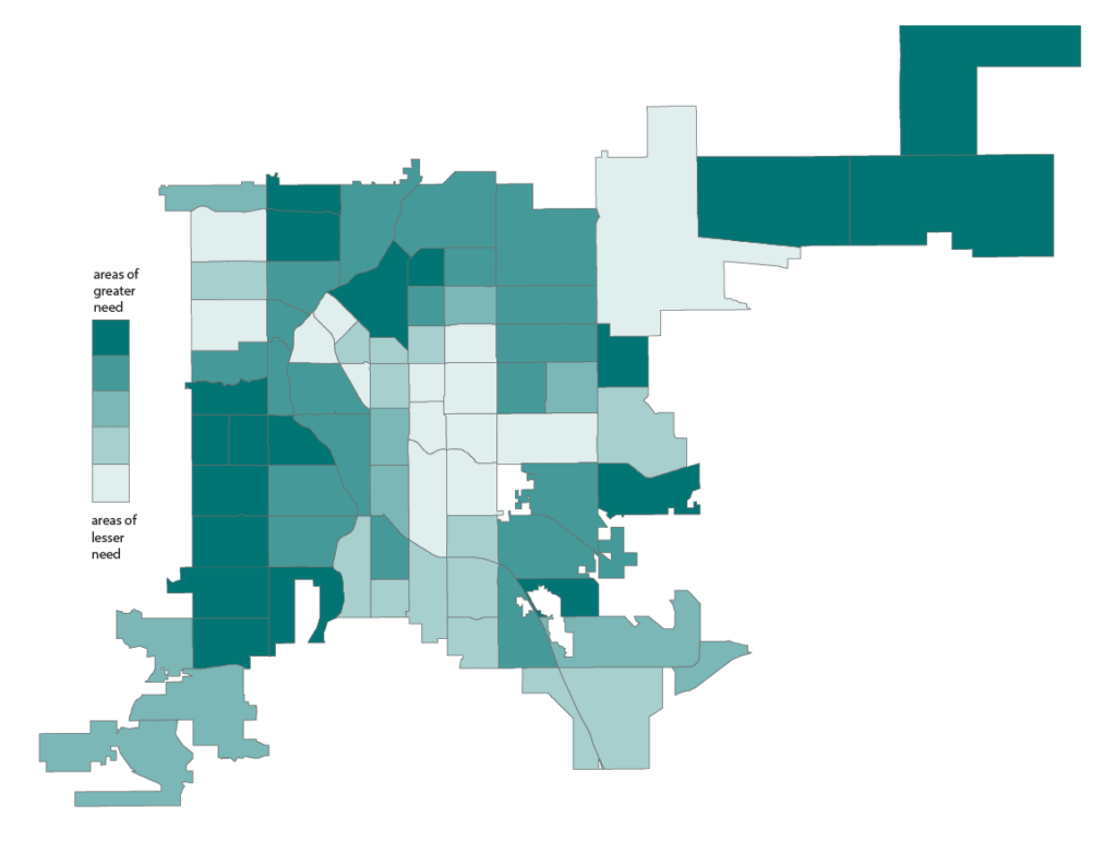 Map of Denver with areas of greater need for parks and park improvement projects.